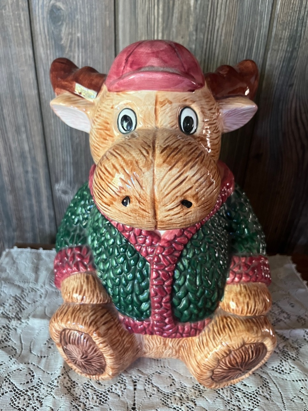 Ceramic Max the Moose Cookie Jar - Green Sweater, Pink Hat